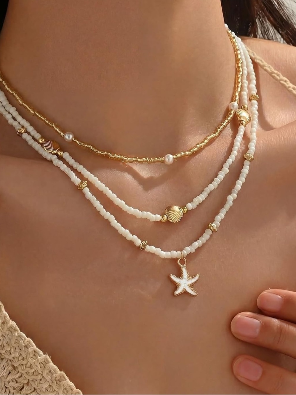Gold and White Beaded Layered Starfish Necklace - Women Jewelry